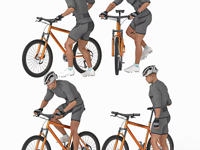 Man In Gray Outfit Showing Different Riding Positions With Orange Bicycle 3d model