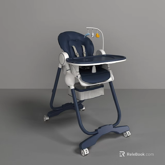 Navy Blue and White Modern Baby High Chair with Tray Safety Harness on Wheels 3d model 