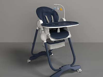 Navy Blue and White Modern Baby High Chair with Tray Safety Harness on Wheels 3d model