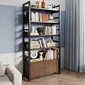 Modern Minimalist Bookcase With Multi Tiered Shelves Books Decorative Items Blue Wall And Gray Curtains