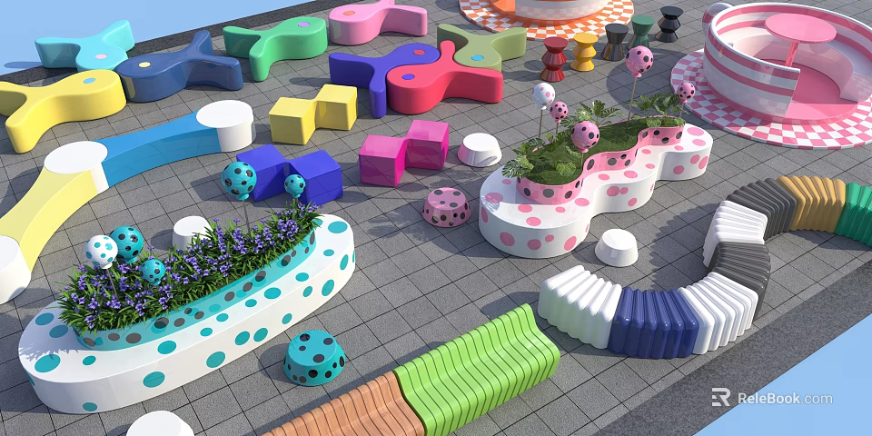 Colorful Public Chairs With Various Shapes Polka Dot Patterns And Plant Decorations 3d model 