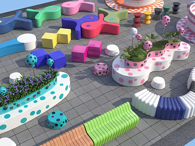 Colorful Public Chairs With Various Shapes Polka Dot Patterns And Plant Decorations 3d model