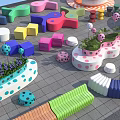 Colorful Public Chairs With Various Shapes Polka Dot Patterns And Plant Decorations