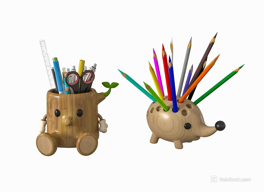 Cute Cartoon Tree Stump And Hedgehog Shaped Pencil Holders With Colored Pencils And Stationery 3d model 