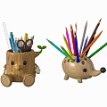 Cute Cartoon Tree Stump And Hedgehog Shaped Pencil Holders With Colored Pencils And Stationery