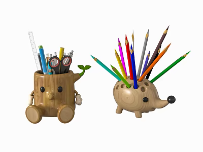 Cute Cartoon Tree Stump And Hedgehog Shaped Pencil Holders With Colored Pencils And Stationery 3d model