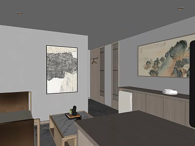 Hotel Guest Room Interior With Chinese Landscape Paintings And Traditional Furniture 3d model