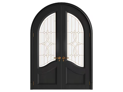 Elegant Black Arched Top Double Doors With Glass Panels And Geometric Patterns And Golden Handles 3d model