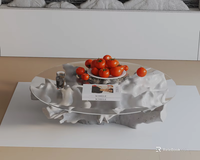Modern Gray Sofa And Glass Top Coffee Table Set With Bowl Of Tomatoes And Magazine 3d model 