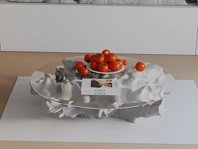 Modern Gray Sofa And Glass Top Coffee Table Set With Bowl Of Tomatoes And Magazine 3d model