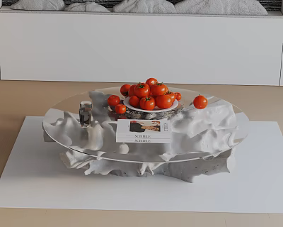 Modern Gray Sofa And Glass Top Coffee Table Set With Bowl Of Tomatoes And Magazine 3d model