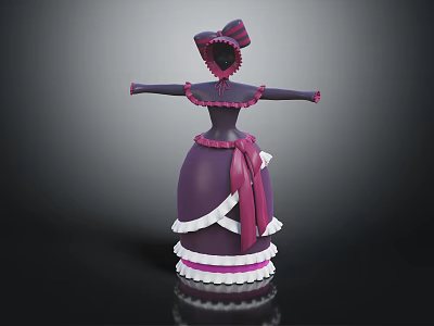 Vintage Style Purple Dress with Pink Sash and White Lace Trim Hat 3d model