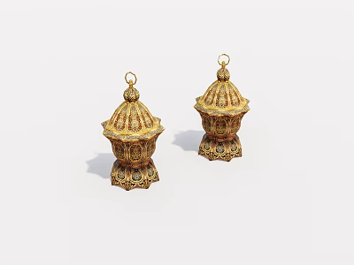 Two Golden Lanterns With Intricate Patterns Top Ring And Decorative Base 3d model