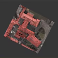 Cartoon Style Red Roof Building Complex Model With Vehicles And Trees