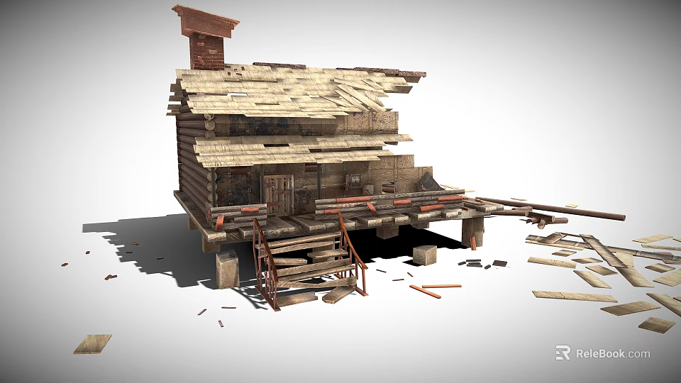 Damaged Industrial Factory Building With Broken Wooden Roof And Scattered Debris 3d model 