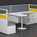 Modern White Curved Office Desk With Bench And Yellow Handle Drawers