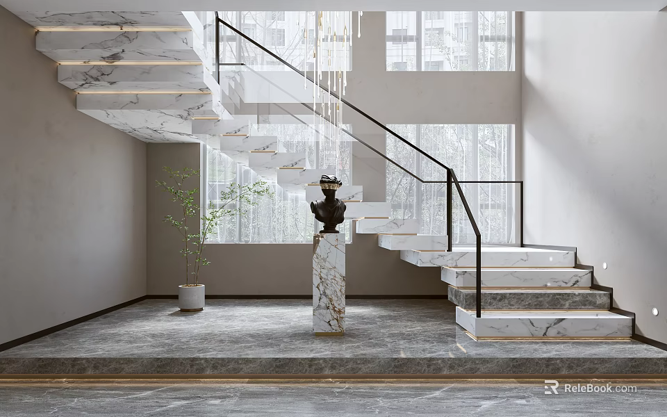 Modern Marble Staircase With Black Metal Railing And LED Strip Lights In Bright Interior 3d model 