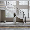 Modern Marble Staircase With Black Metal Railing And LED Strip Lights In Bright Interior