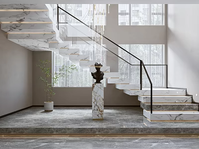 Modern Marble Staircase With Black Metal Railing And LED Strip Lights In Bright Interior 3d model