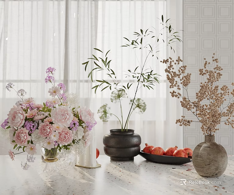 Home Decor with Vases Holding Pink White Flowers Green Foliage and Dried Blooms 3d model 