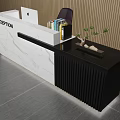 Modern Reception Desk with Laptop Books Shelf Small Plant Wooden Countertop and Lighting