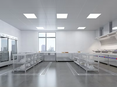 Commercial Kitchen Interior With Stainless Steel Worktables Shelves And Ceiling Lights 3d model