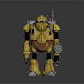Detailed Golden Mechanical Robot With Glowing Eyes Backpack Device And Metallic Feet