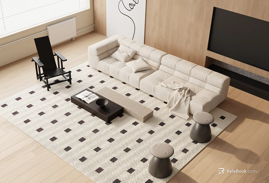 Modern White Sofa and Black Coffee Table Set on Geometric Rug Wooden Floor with Stools 3d model 