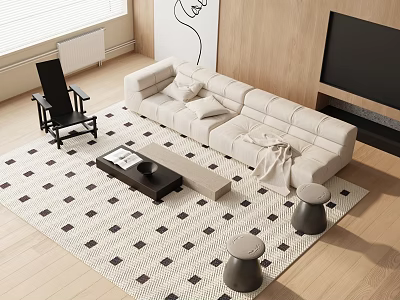 Modern White Sofa and Black Coffee Table Set on Geometric Rug Wooden Floor with Stools 3d model