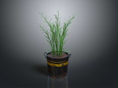 Green Plant with Slender Green Leaves in Black Bucket Featuring Yellow Stripes against Gray Background 3d model