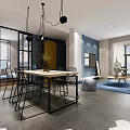 Modern Living Room With Stylish Pendant Light Blue Sofa And Green Plants