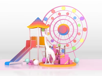Fun Children's Play Area With Slide Ferris Wheel Giraffe And Colorful Balls 3d model