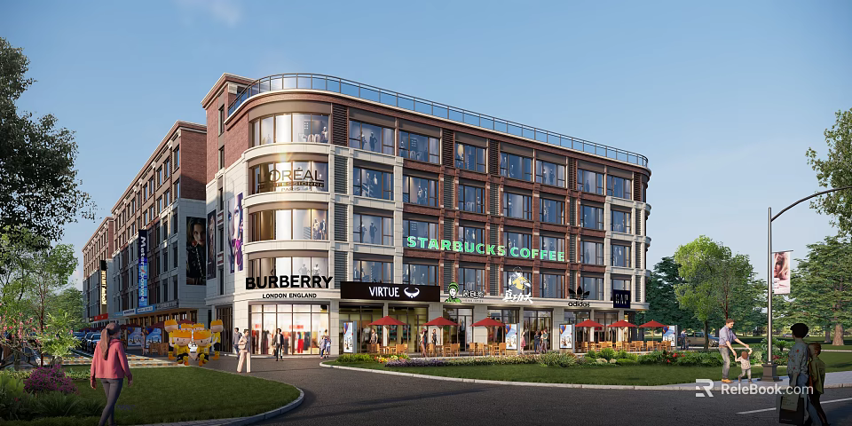 Vibrant Commercial Street with Burberry Store Starbucks Coffee VANS Outlet Pedestrians Outdoor Seating and Greenery 3d model 