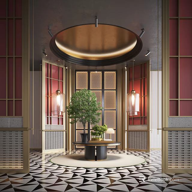 Elegant Hotel Lobby With Circular Ceiling Red Gold Decor Lattice Screens And Central Green Plant 3d model 