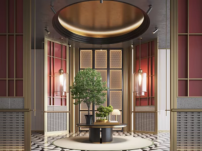 Elegant Hotel Lobby With Circular Ceiling Red Gold Decor Lattice Screens And Central Green Plant 3d model