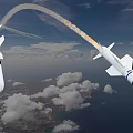 Modern Aerial Missiles with White Blue Black Striped Body Flying in Sky with Tail Flames