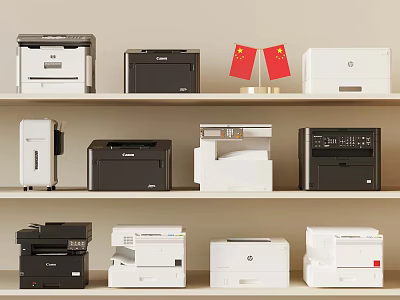 Different Brands and Models of Office Printers On Shelves With Chinese Flags 3d model
