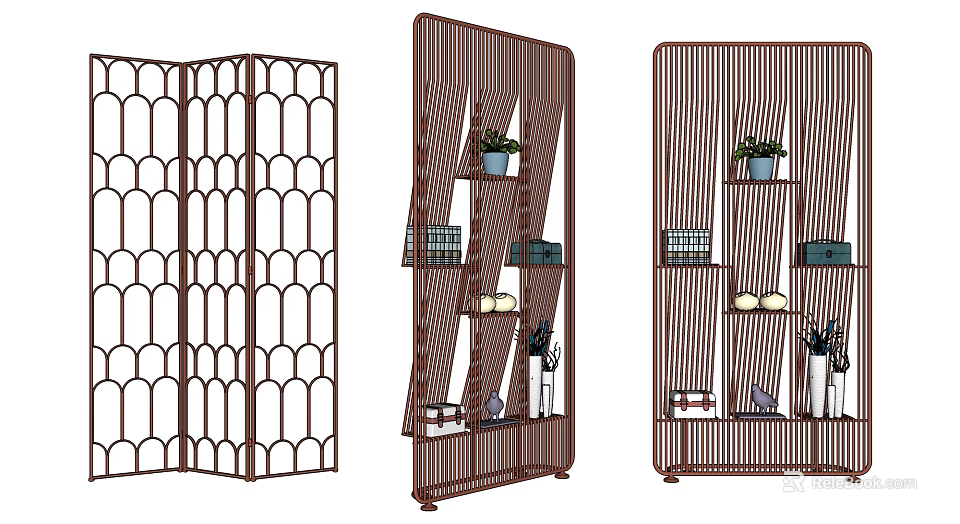 Stylish Room Divider Designs With Geometric Patterns Shelves Books And Potted Plants 3d model 