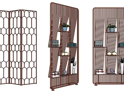 Stylish Room Divider Designs With Geometric Patterns Shelves Books And Potted Plants 3d model