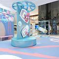 Shopping Mall Lobby With Colorful Display Kiosk Pink Blue Decorations Smooth Floor And Bright Lights