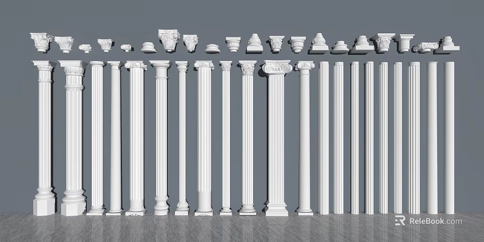 White Architectural Columns With Various Style Capitals Neatly Arranged On Gray Background 3d model 