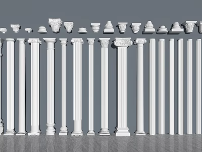 White Architectural Columns With Various Style Capitals Neatly Arranged On Gray Background 3d model