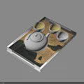Black Serving Tray with White Teapot Yellow Cups and Gold Patterned Mat 3d model