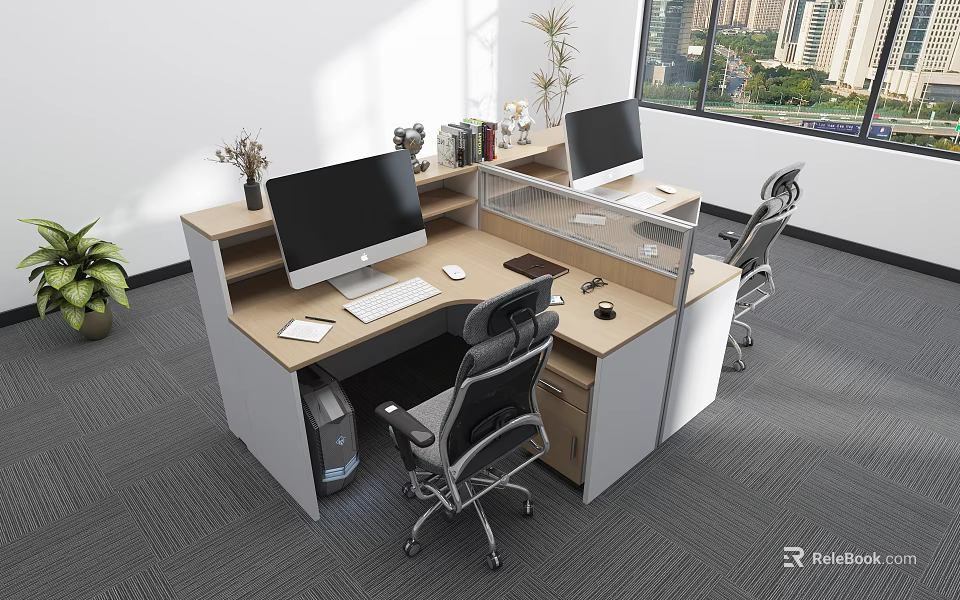 Modern Office Desk With Divided Workstations Two Computer Monitors Office Chairs And Potted Plants 3d model 
