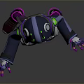 Futuristic Cyberpunk Character With Neon Green Eyes Glowing Tech Backpack Dark Coat Purple Accents