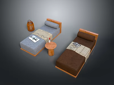 Blue and Brown Twin Beds with Small Wooden Table and Wicker Basket 3d model