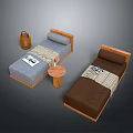 Blue and Brown Twin Beds with Small Wooden Table and Wicker Basket