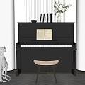 Elegant Black Piano Musical Instrument Interior With Music Sheet Wooden Stool And Cat Sculpture