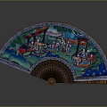 Traditional Colorful Painted Fan With Intricate Oriental Figure And Architecture Scenery