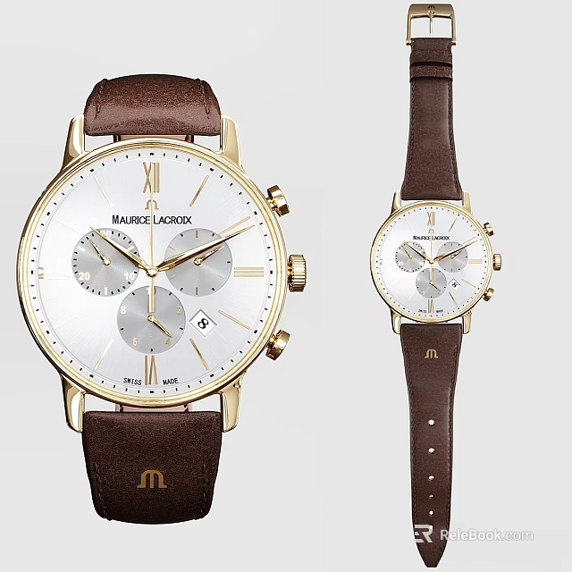 MAURICE LACROIX Elegant Watches With Gold Case White Dial Brown Leather Strap Roman Numerals 3d model 